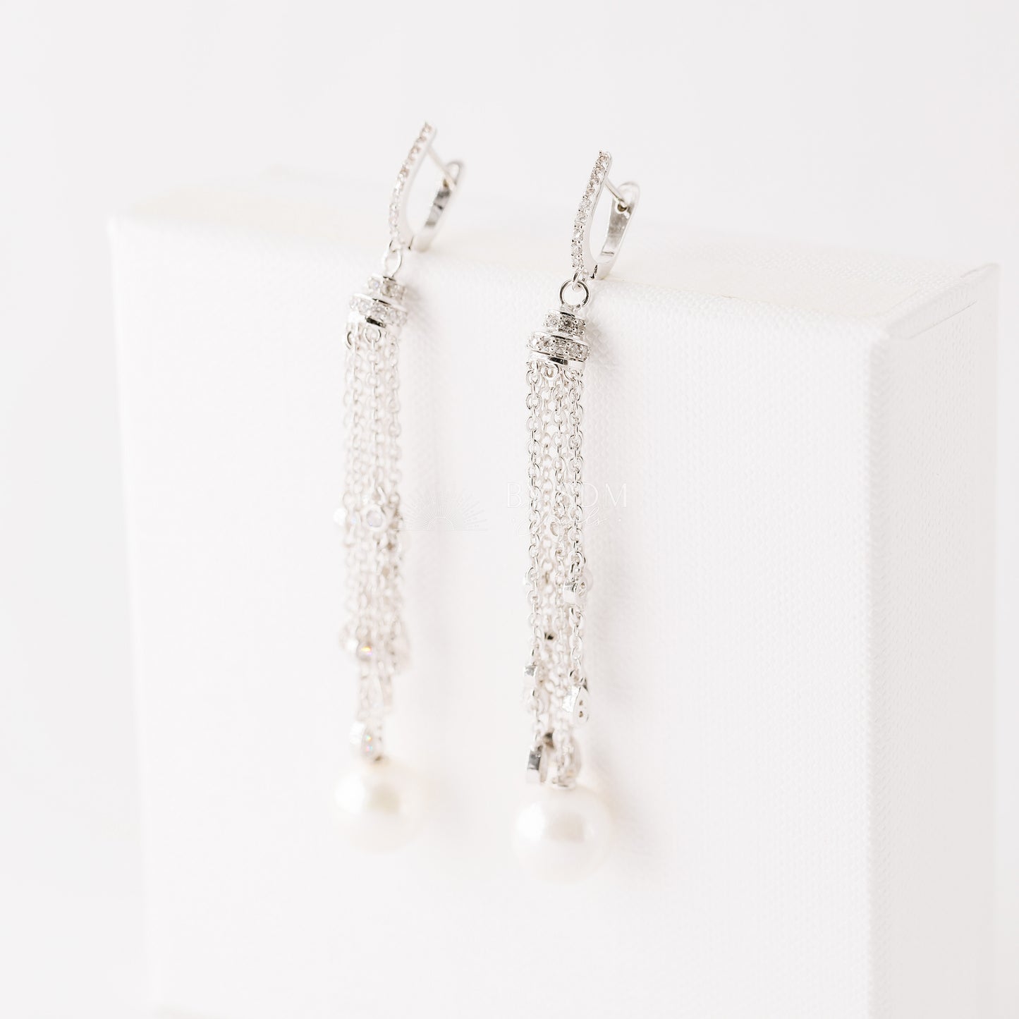 Wedding Earrings, Pearl Earrings, Bridal Jewelry, Zirconia Chain Earrings, Chandelier Earrings, BYSDMJEWELS