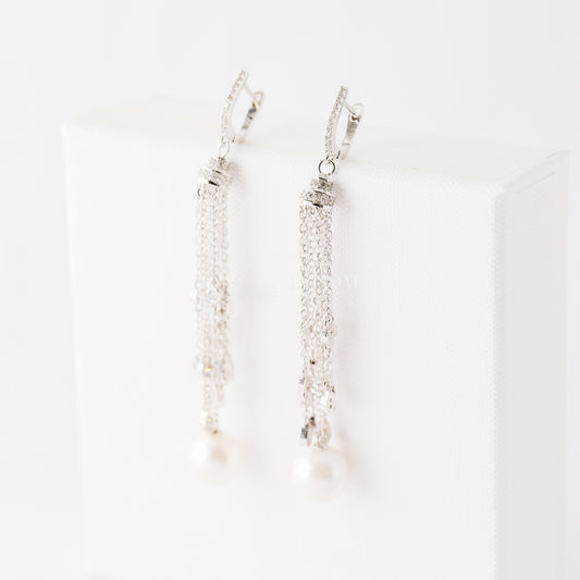 Wedding Earrings, Pearl Earrings, Bridal Jewelry, Zirconia Chain Earrings, Chandelier Earrings, BYSDMJEWELS