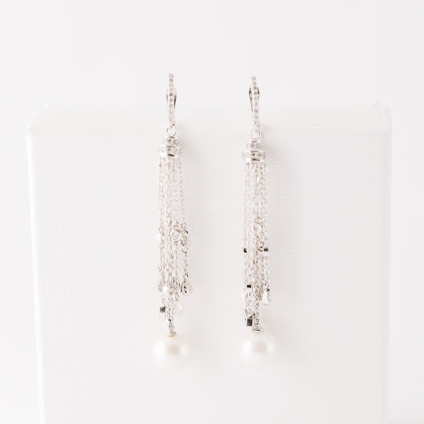 Wedding Earrings, Pearl Earrings, Bridal Jewelry, Zirconia Chain Earrings, Chandelier Earrings, BYSDMJEWELS