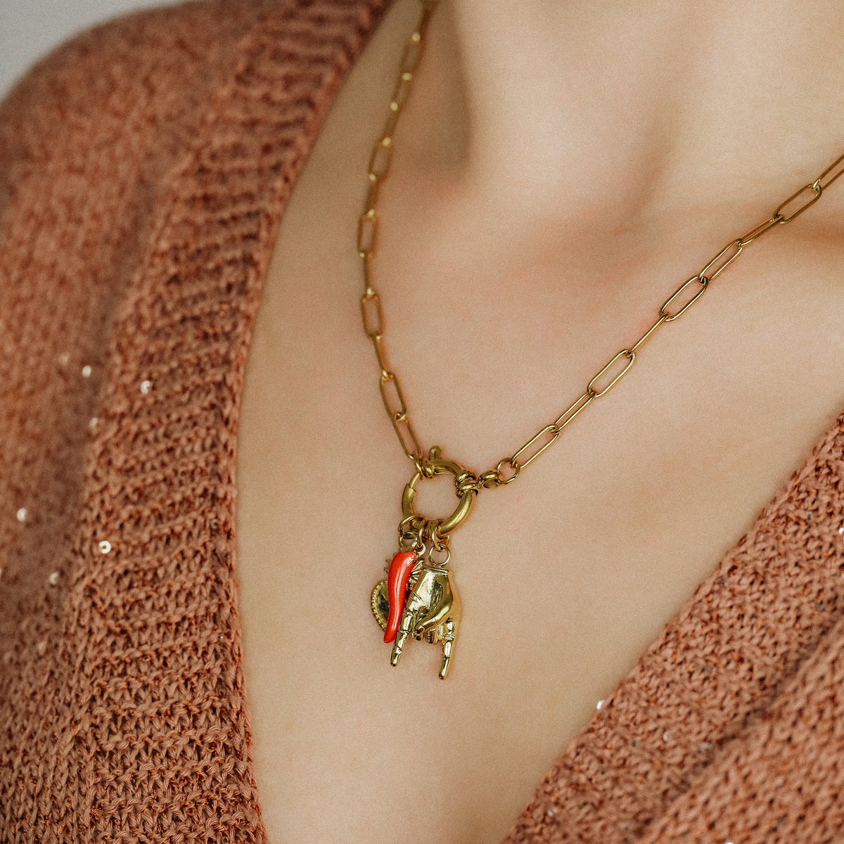 Italian Lucky Horn Necklace • Hand Gesture Horn • Italy Corno Cornicello Necklace • Flaming Sacred Heart Necklace • BYSDMJEWELS
