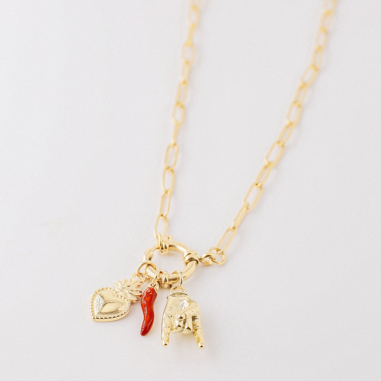 Italian Lucky Horn Necklace • Hand Gesture Horn • Italy Corno Cornicello Necklace • Flaming Sacred Heart Necklace • BYSDMJEWELS