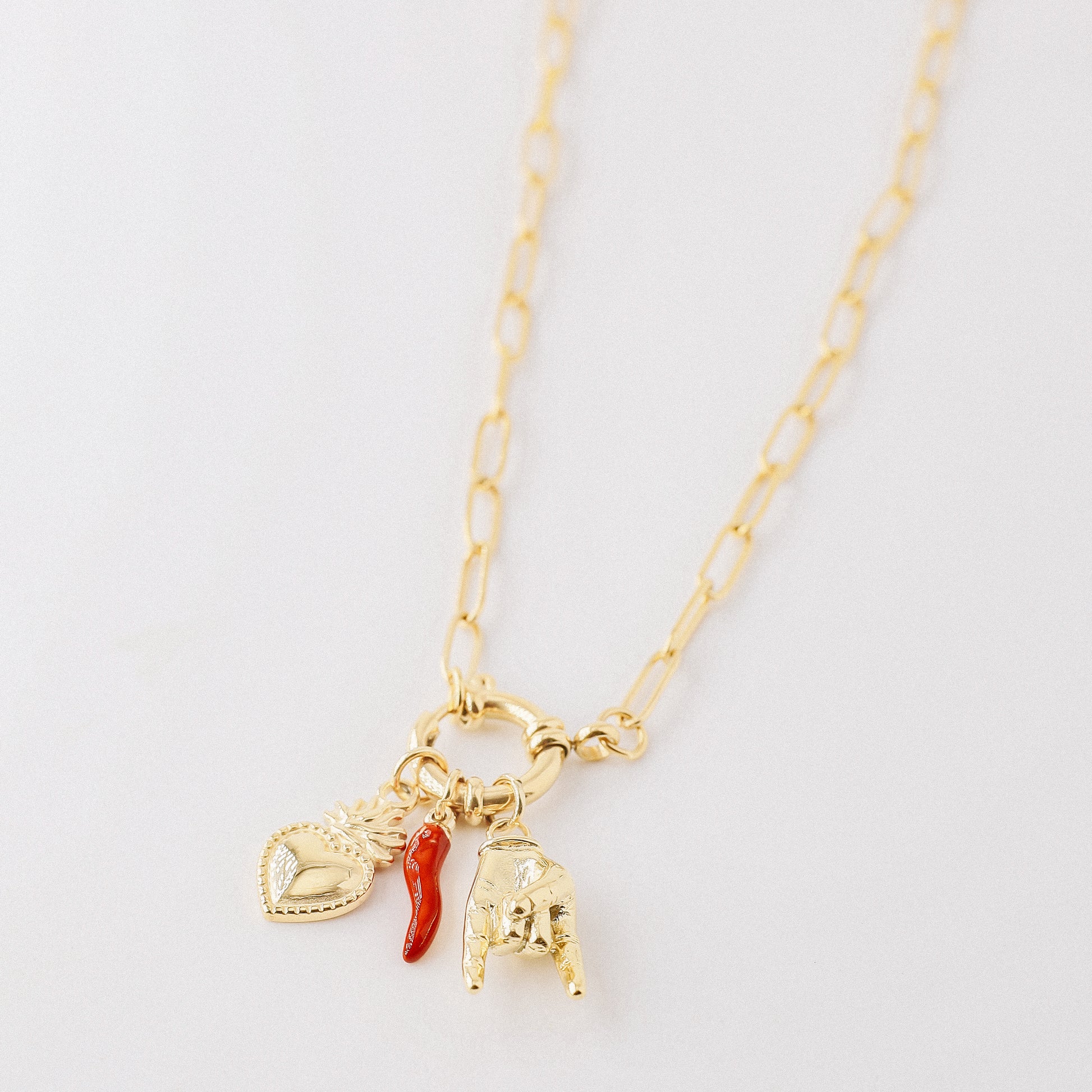 Italian Lucky Horn Necklace • Hand Gesture Horn • Italy Corno Cornicello Necklace • Flaming Sacred Heart Necklace • BYSDMJEWELS
