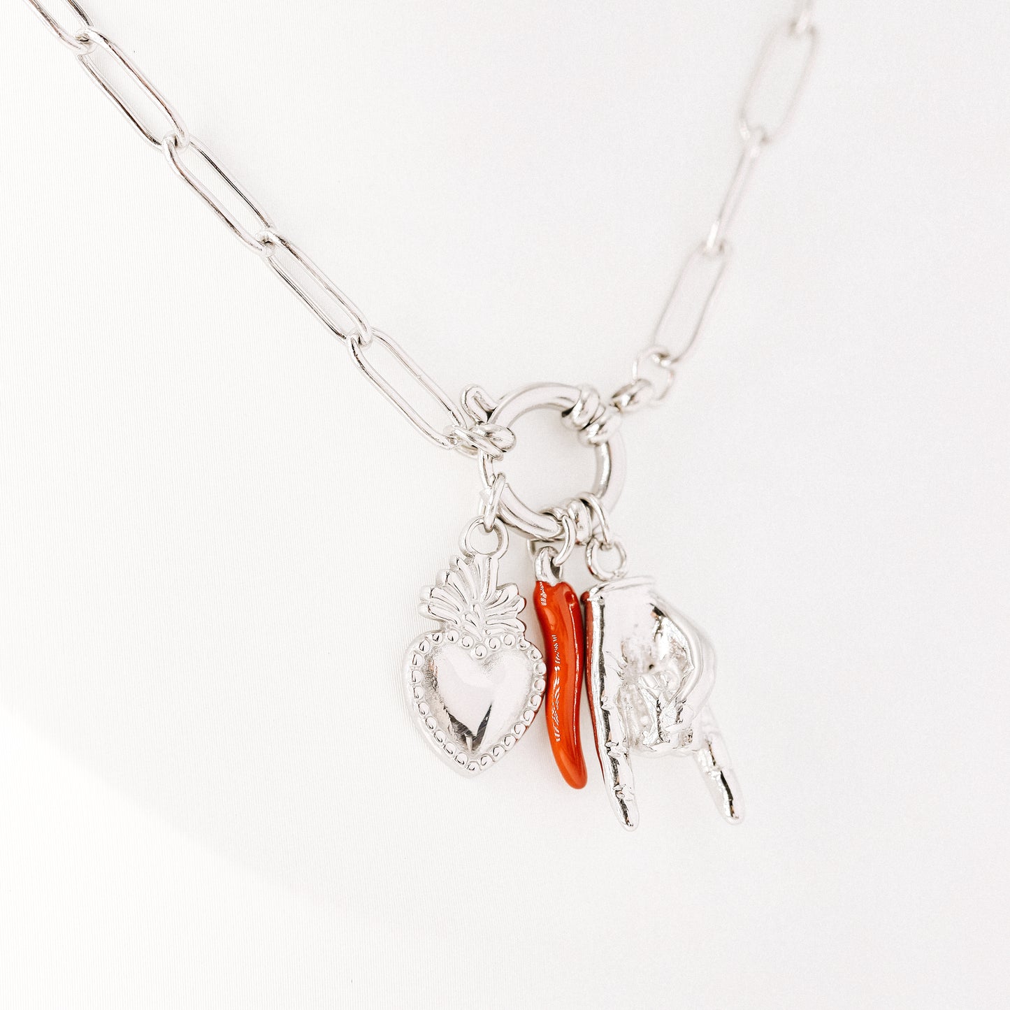 Italian Lucky Horn Necklace • Hand Gesture Horn • Italy Corno Cornicello Necklace • Flaming Sacred Heart Necklace • BYSDMJEWELS