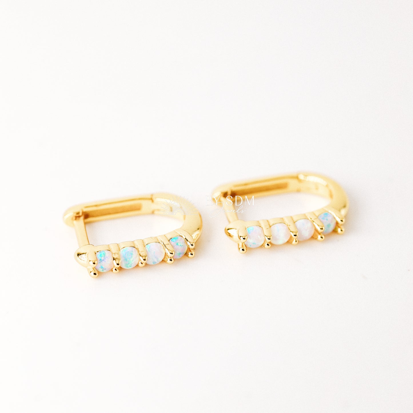 Tiny Gold Opal U Earrings • Oval Hoop Huggie Earrings • BYSDMJEWELS