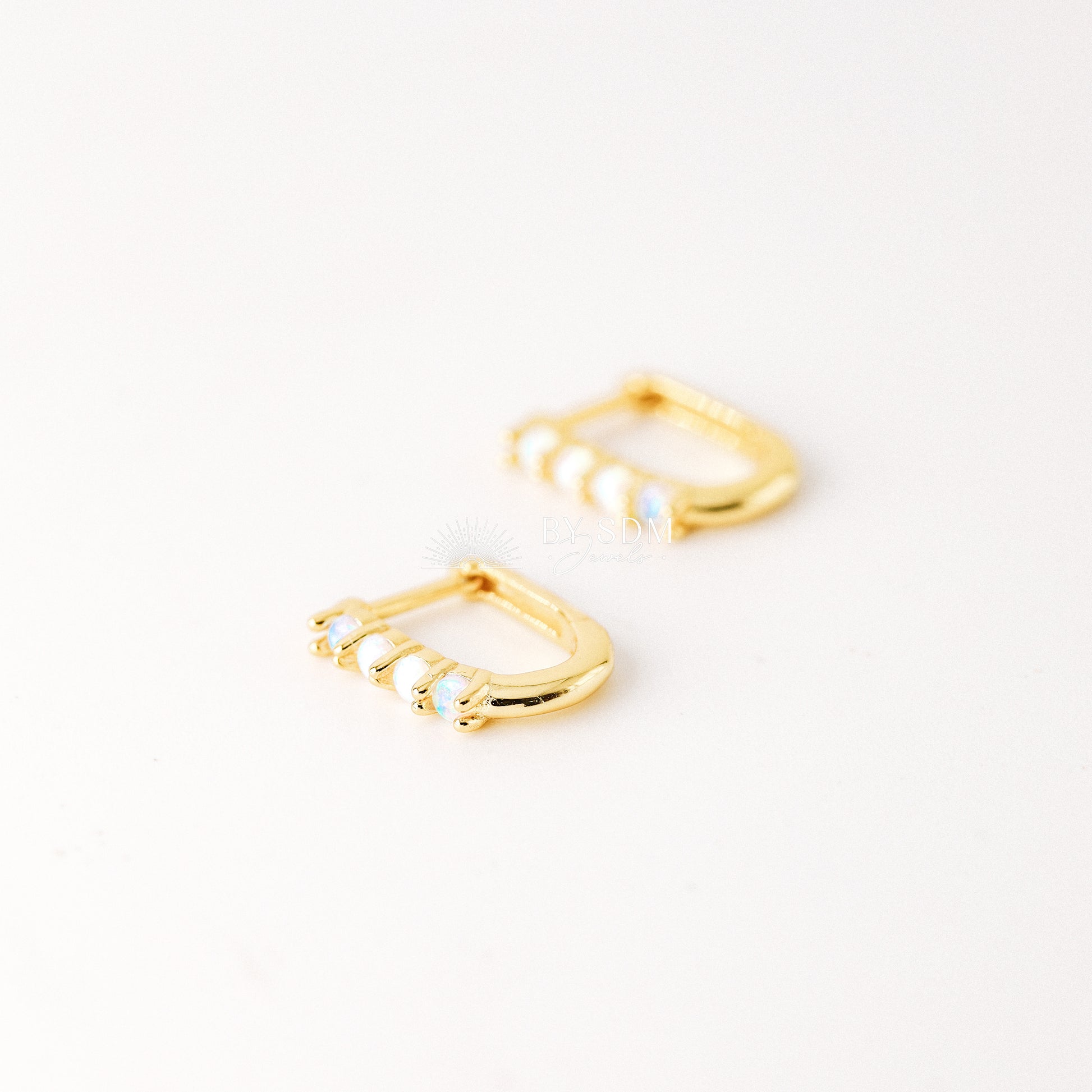 Tiny Gold Opal U Earrings • Oval Hoop Huggie Earrings • BYSDMJEWELS