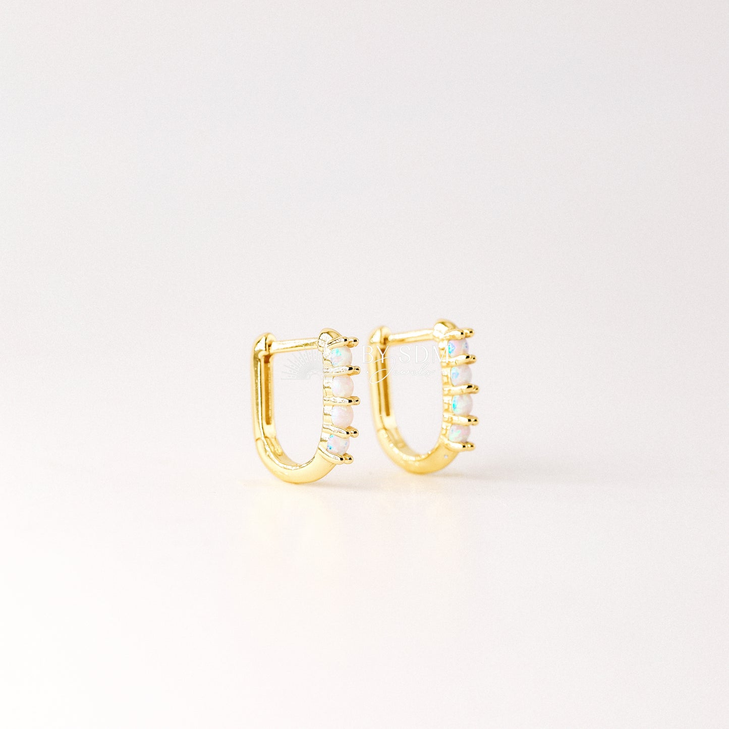 Tiny Gold Opal U Earrings • Oval Hoop Huggie Earrings • BYSDMJEWELS