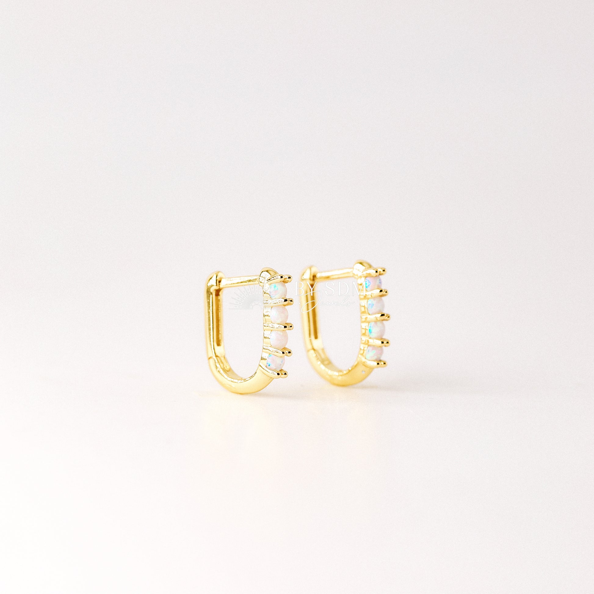 Tiny Gold Opal U Earrings • Oval Hoop Huggie Earrings • BYSDMJEWELS
