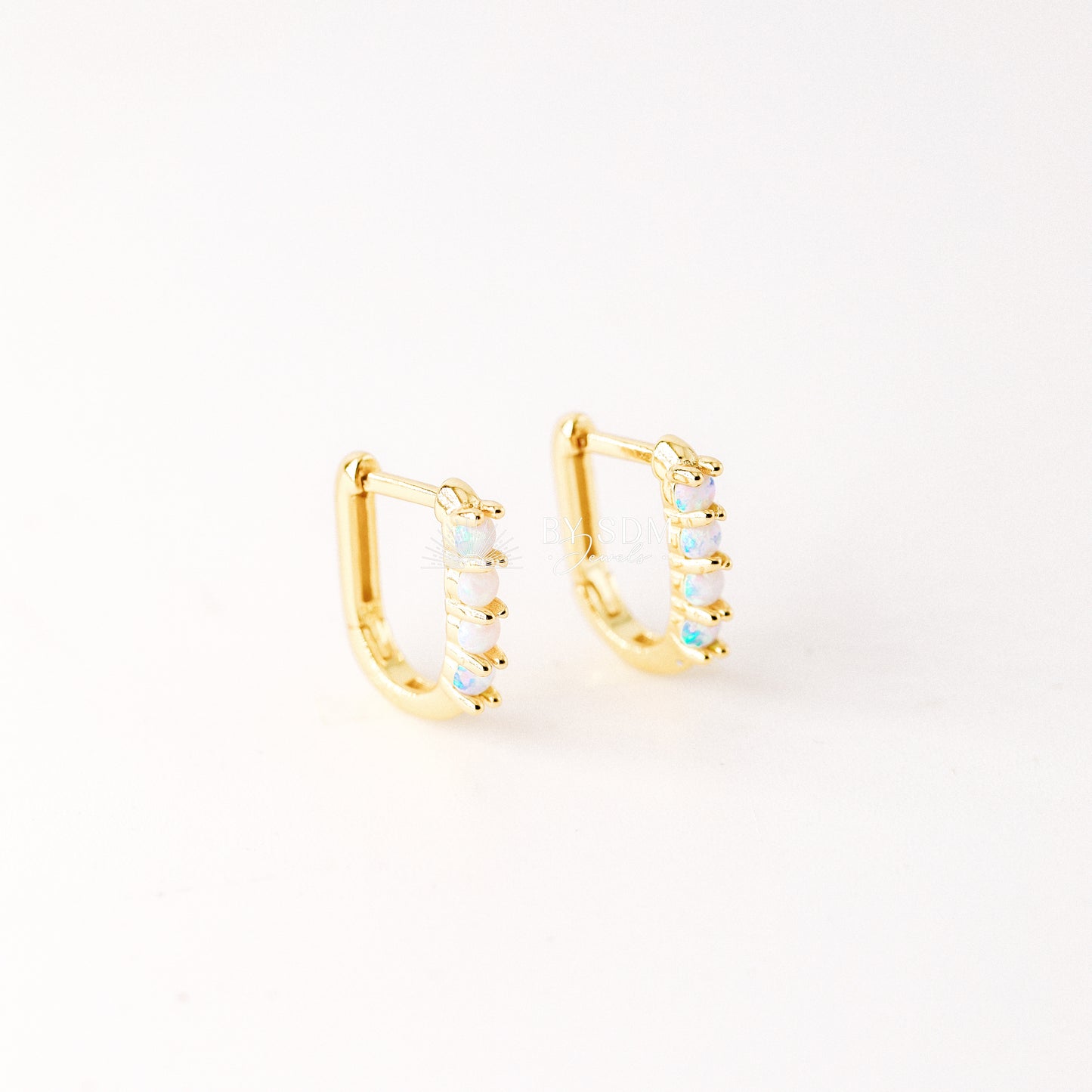 Tiny Gold Opal U Earrings • Oval Hoop Huggie Earrings • BYSDMJEWELS