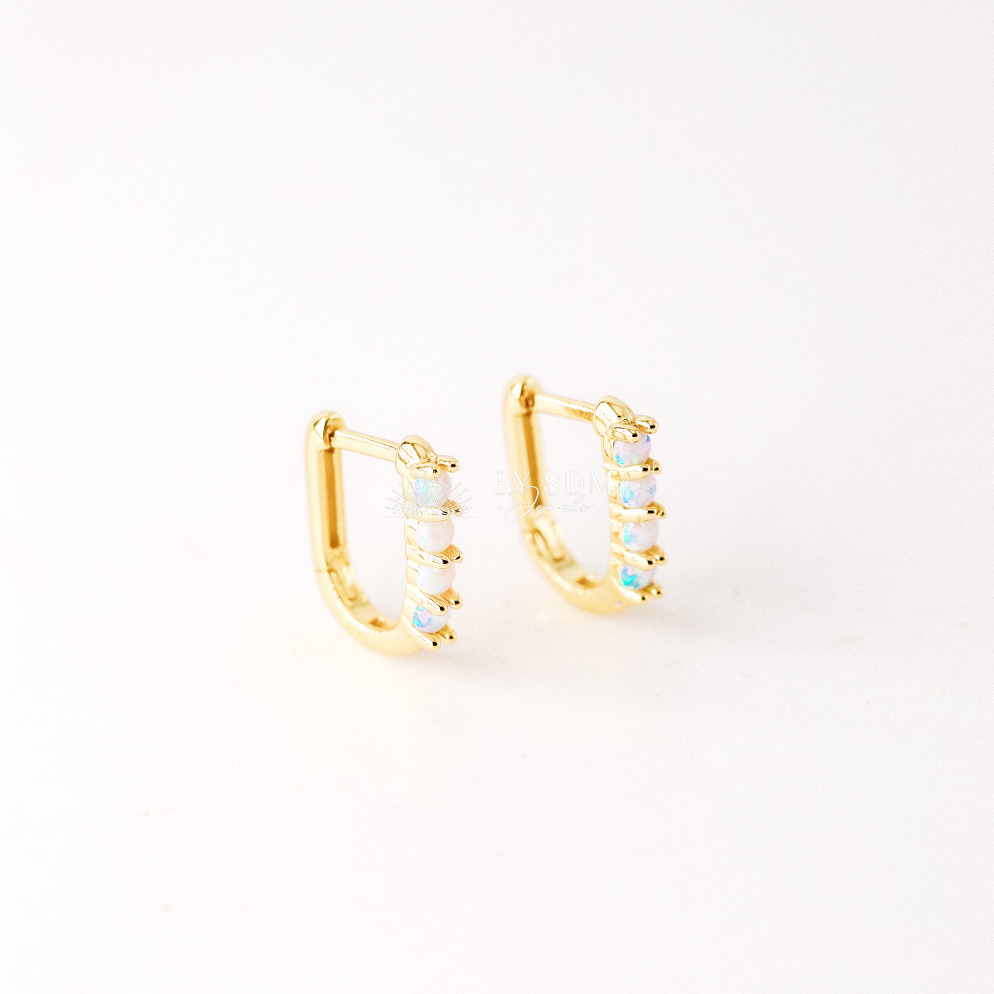 Tiny Gold Opal U Earrings • Oval Hoop Huggie Earrings • BYSDMJEWELS