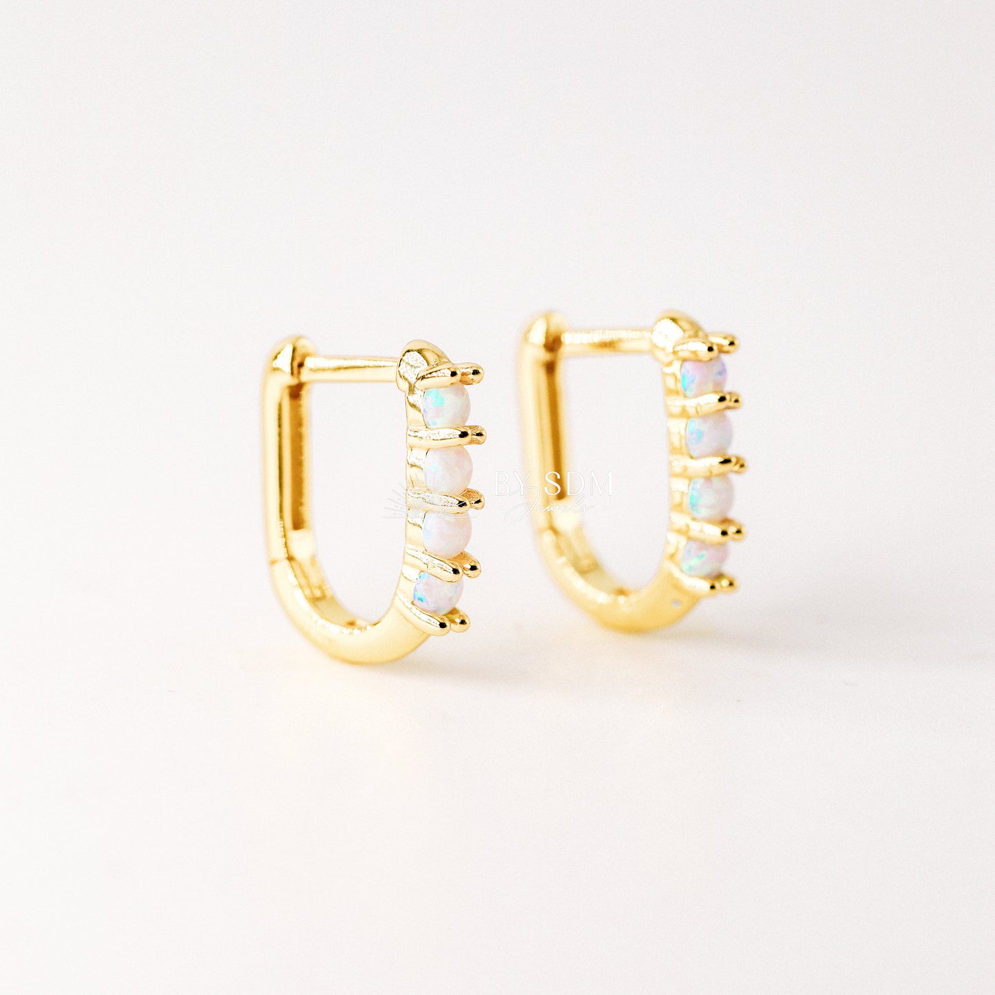 Tiny Gold Opal U Earrings • Oval Hoop Huggie Earrings • BYSDMJEWELS