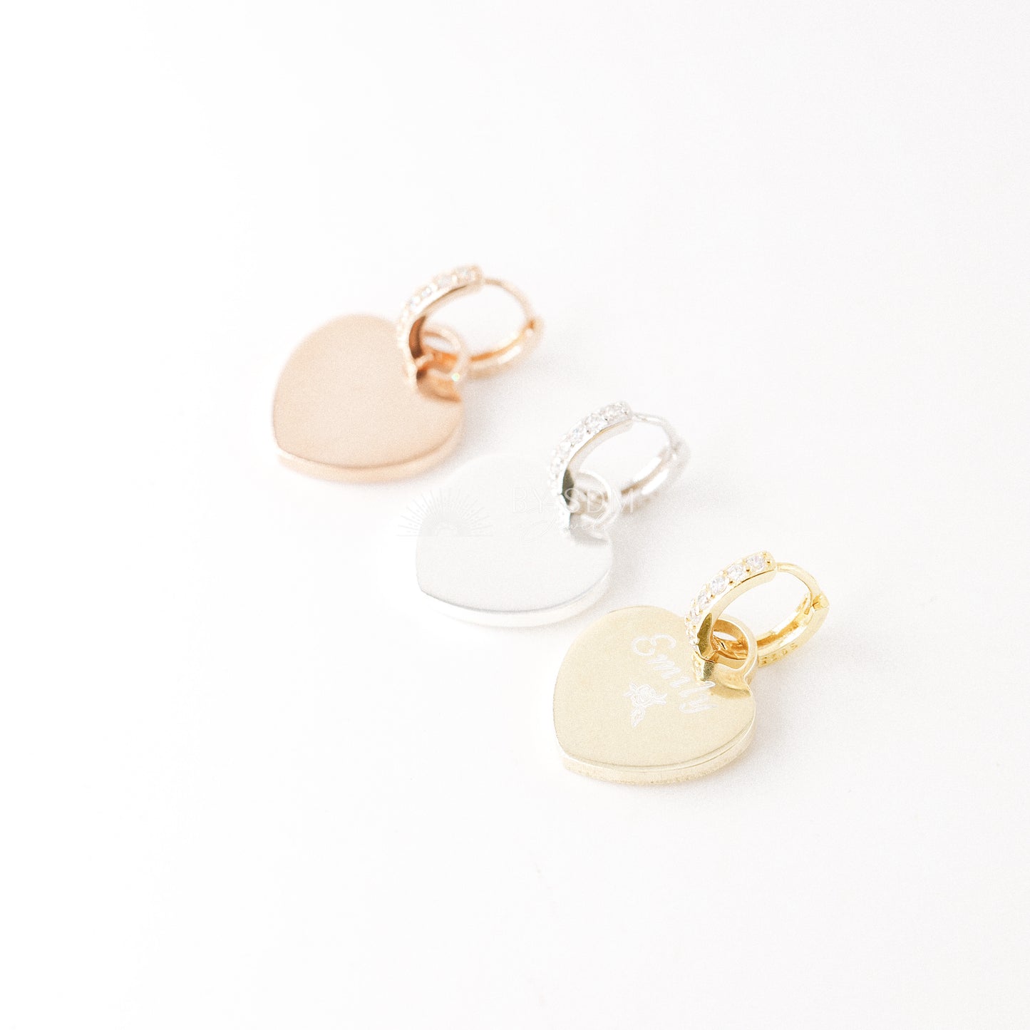 Engraved Hoop Earrings • Custom Name Heart Tag • Charm Earrings • Personalized Heart • Personalized Earrings • BYSDMJEWELS