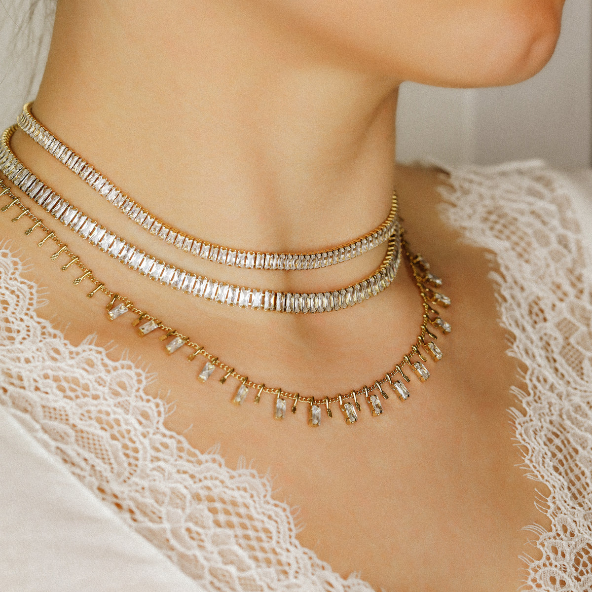baguette diamond station necklace dainty crystal charm necklace layering pendant necklace mom gift bysdmjewels