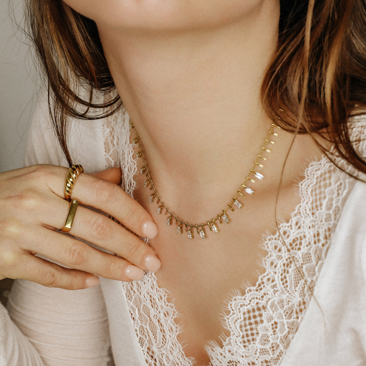baguette diamond station necklace dainty crystal charm necklace layering pendant necklace mom gift bysdmjewels