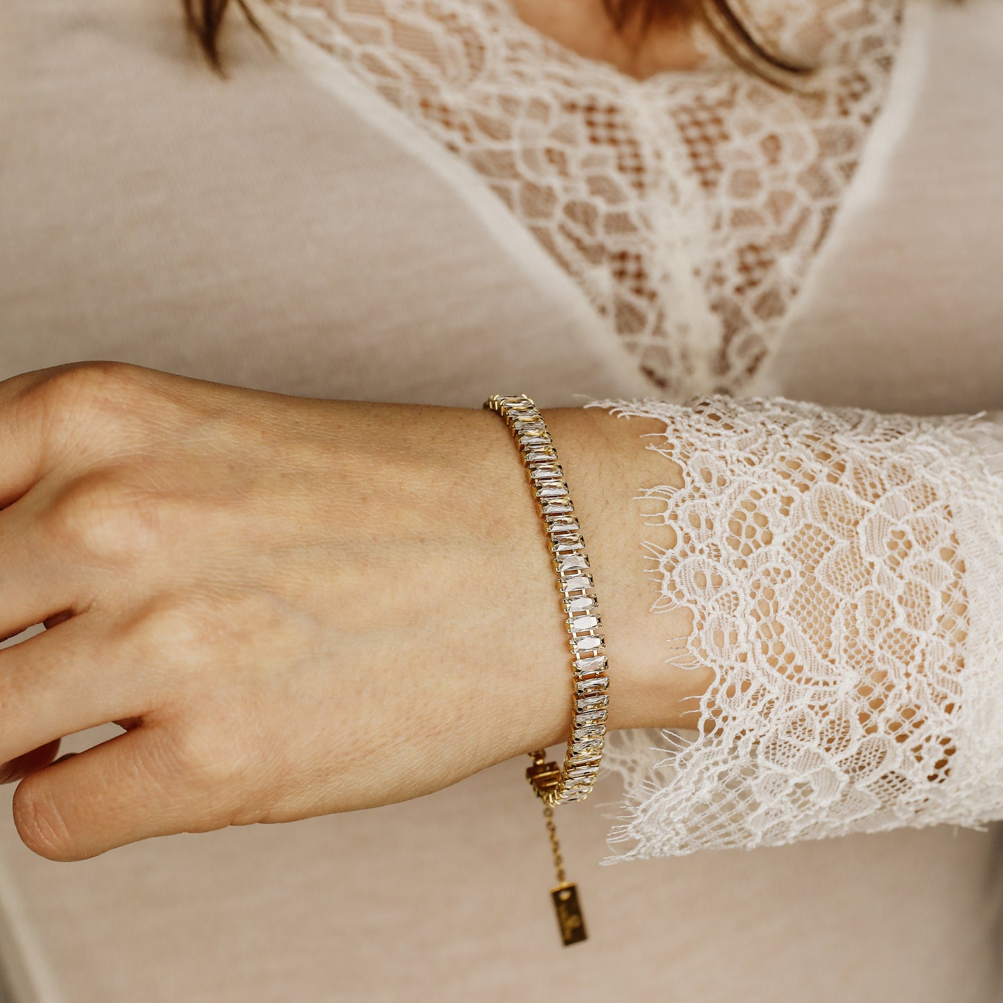 Dainty Gold Baguette Tennis Bracelet with Cubic Zirconia by BYSDMJEWELS