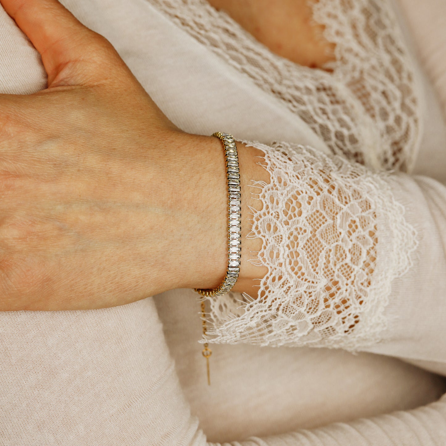 Gold Baguette Tennis Bracelet with Cubic Zirconia, Dainty Diamond Bracelet, BYSDMJEWELS