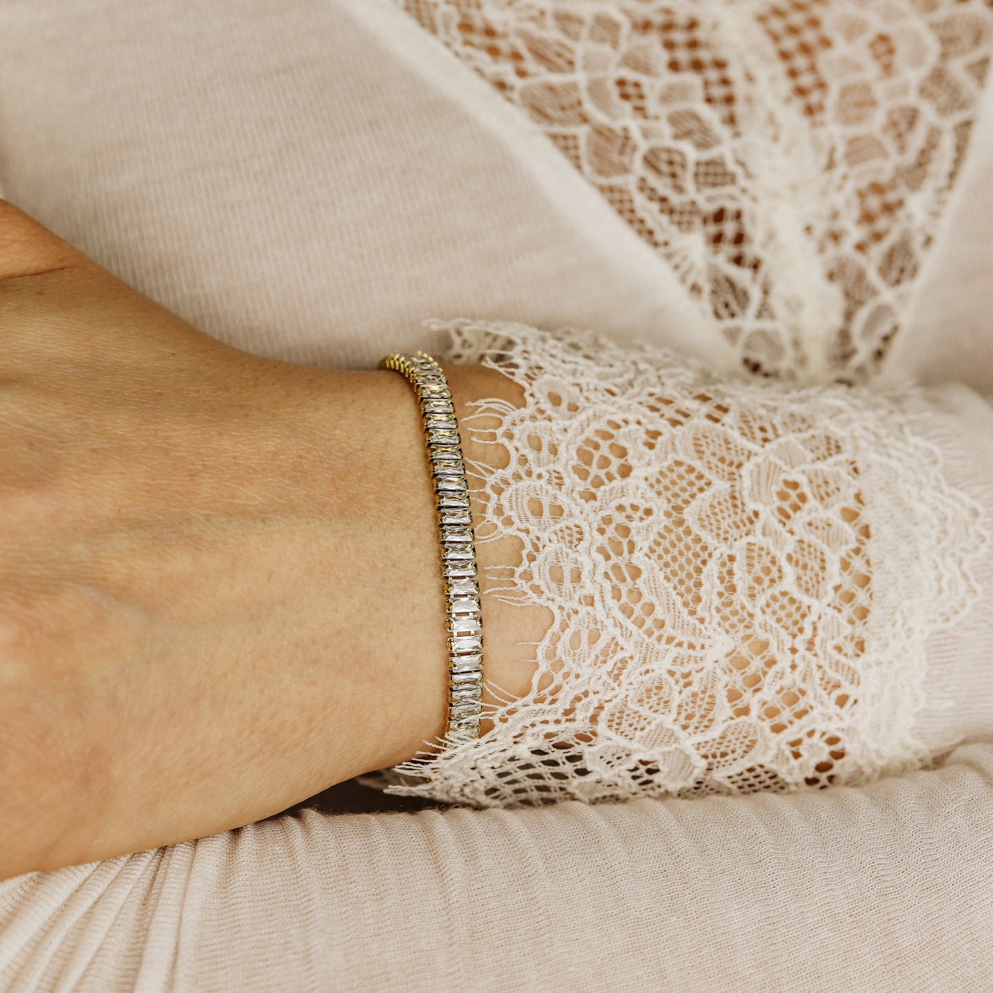 Gold Baguette Tennis Bracelet with Cubic Zirconia, Dainty Diamond Bracelet, BYSDMJEWELS