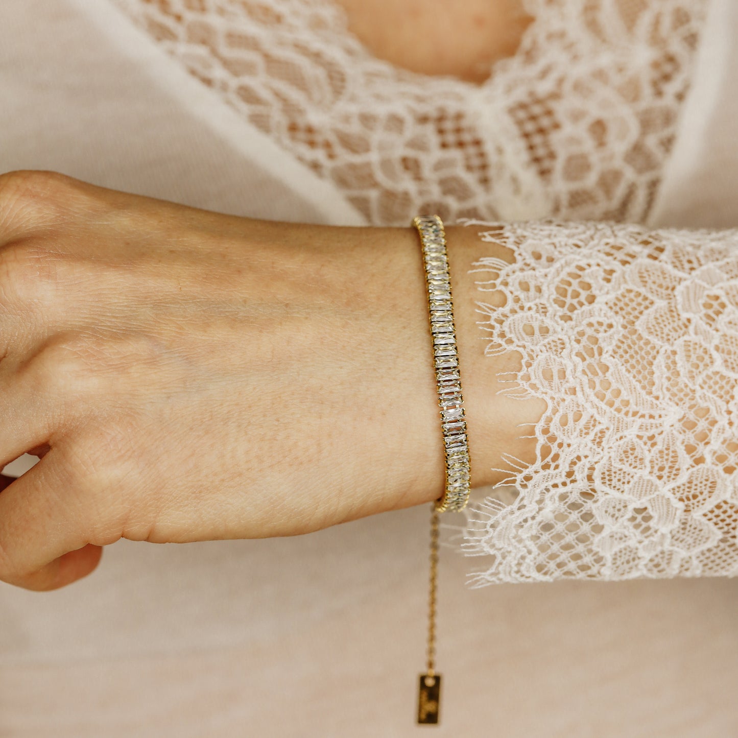 Gold Baguette Tennis Bracelet with Cubic Zirconia, Dainty Diamond Bracelet, BYSDMJEWELS