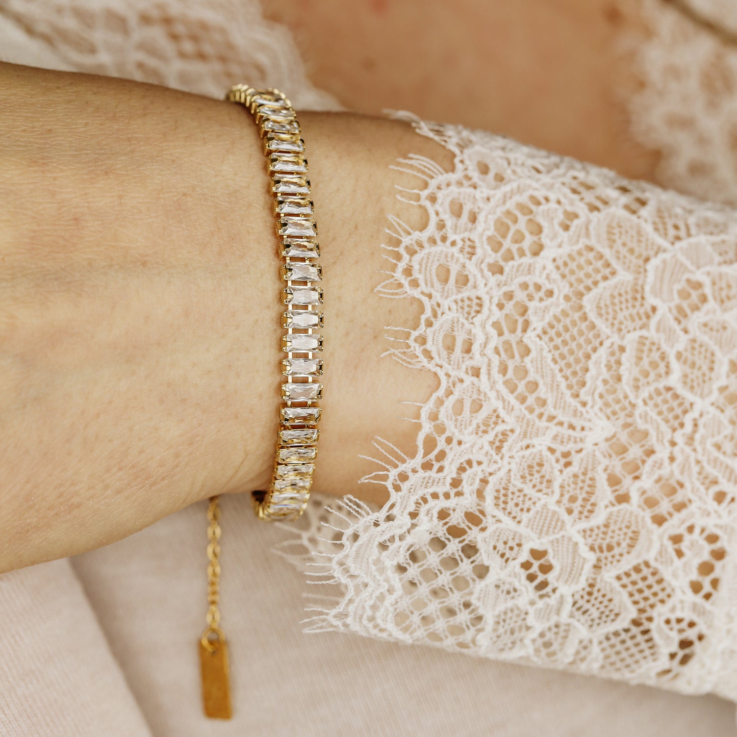 Dainty Gold Baguette Tennis Bracelet with Cubic Zirconia by BYSDMJEWELS