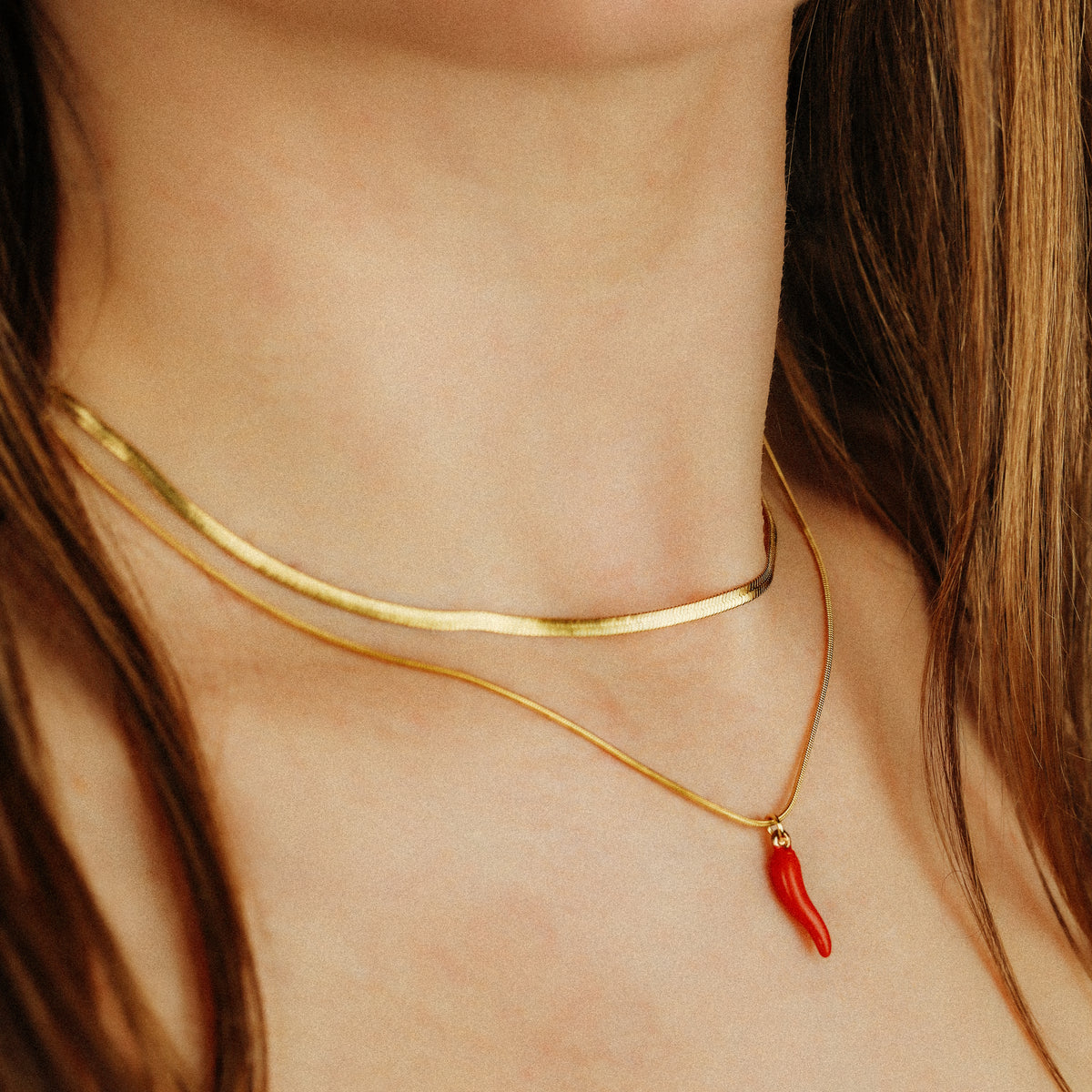 Herringbone Snake Chain with Lucky Horn Pendant Necklace in Stainless Steel