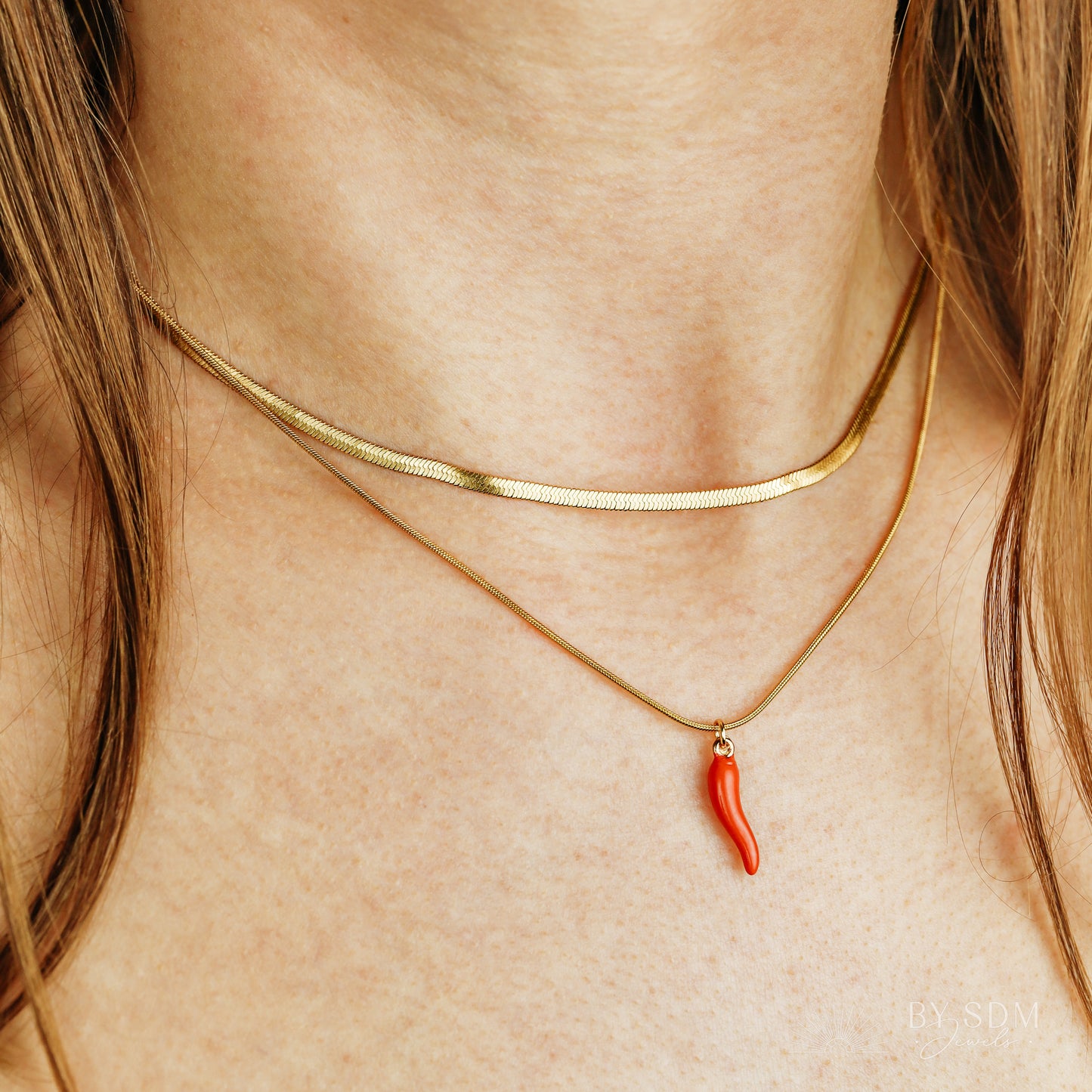 Lucky Horn Layered Necklace Set • Layering Necklace • Snake Chain • Herringbone Necklaces • Italian Horn Necklace • Red Horn • BYSDMJEWELS
