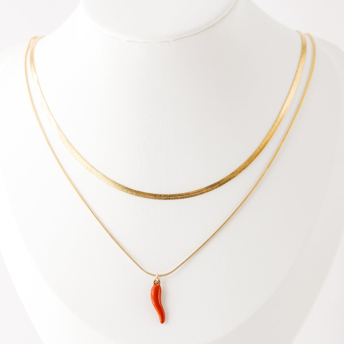 Herringbone Snake Chain with Lucky Horn Pendant Necklace in Stainless Steel