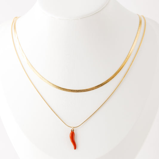 Herringbone Snake Chain with Lucky Horn Pendant Necklace in Stainless Steel