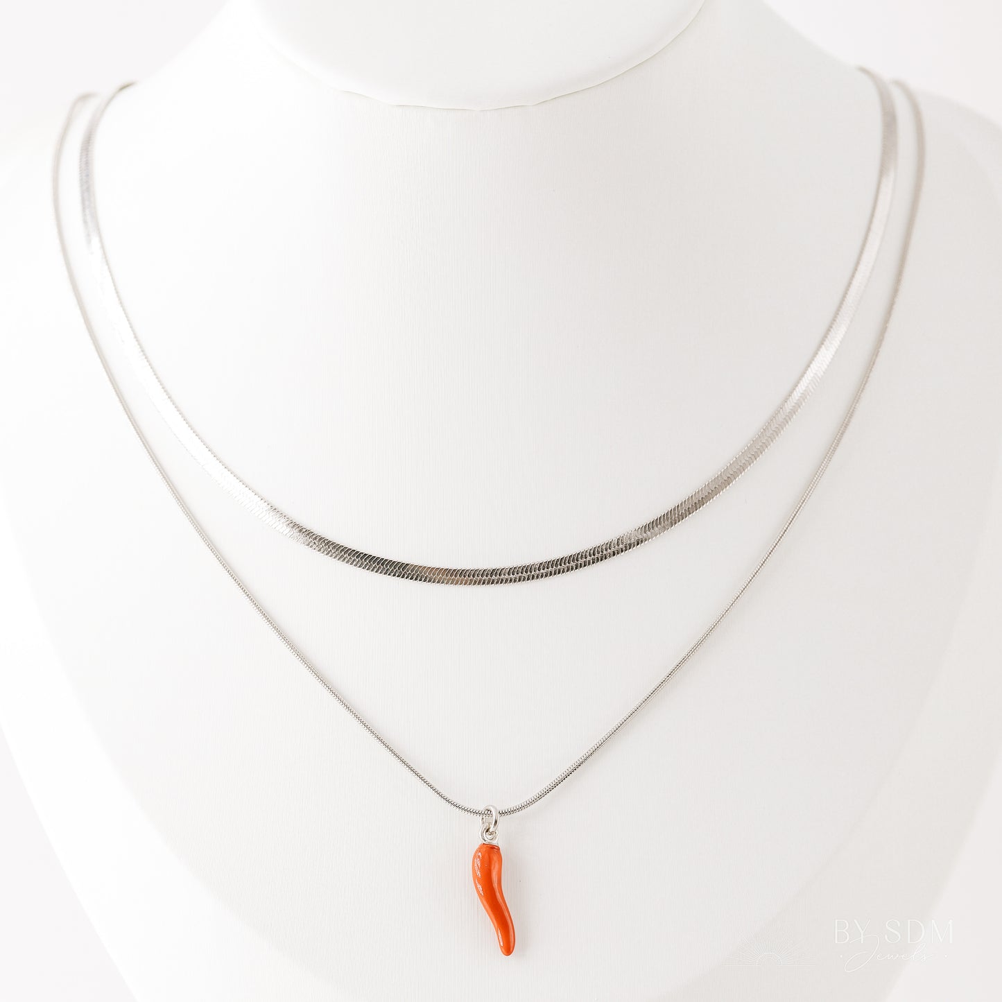 Lucky Horn Layered Necklace Set • Layering Necklace • Snake Chain • Herringbone Necklaces • Italian Horn Necklace • Red Horn • BYSDMJEWELS