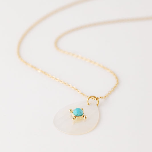 Turquoise Teardrop Shell Pendant Necklace in Stainless Steel