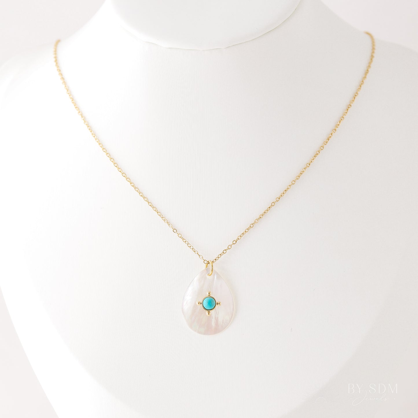 Mother of Pearl Tear Drop Charm Necklace • Teardrop Shell Pendant • Turquoise Charm Necklace • Gift for Mom • BYSDMJEWELS