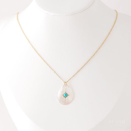 Mother of Pearl Tear Drop Charm Necklace • Teardrop Shell Pendant • Turquoise Charm Necklace • Gift for Mom • BYSDMJEWELS