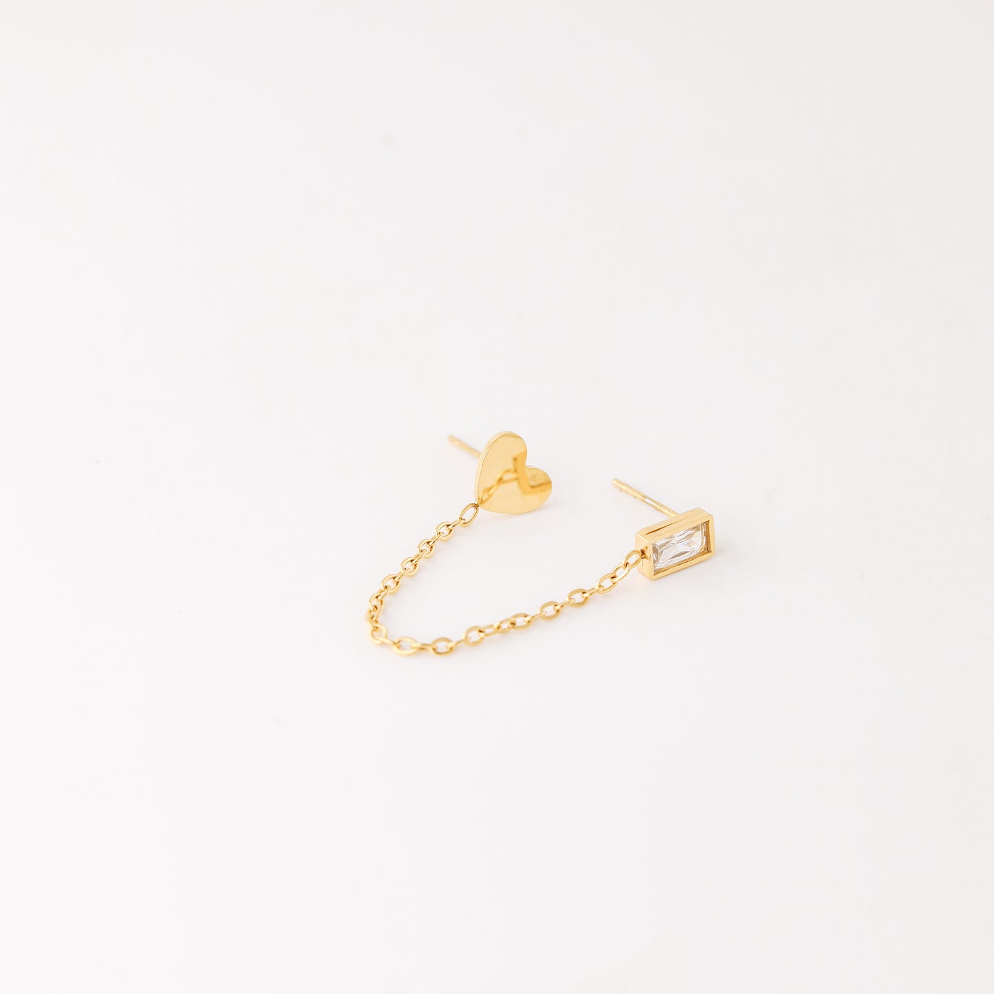 CZ Baguette and Heart Studs for Two Piercings • Heart Studs • Gold Stainless Steel • BYSDMJEWELS