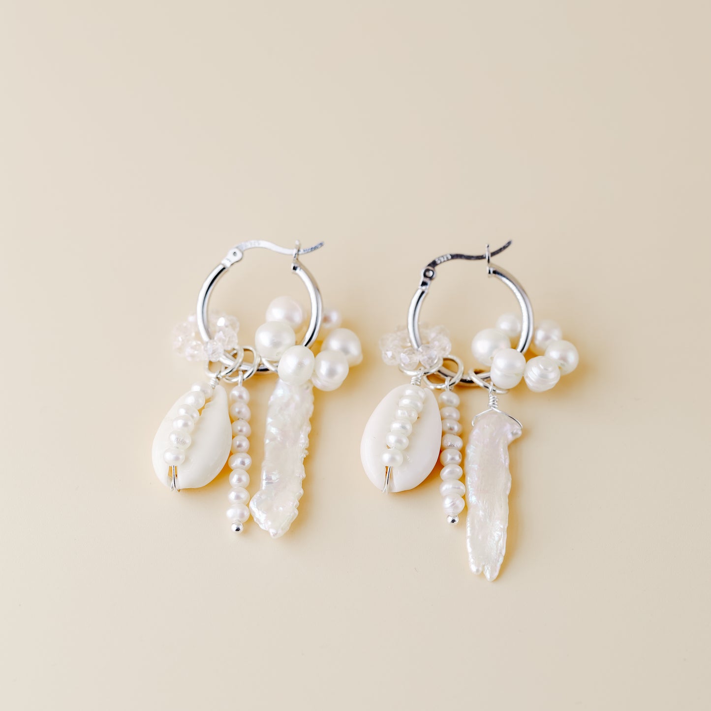 Sterling Silver Hoop Earrings with Fresh-Water Pearls and Shells • Gorgeous Pearl Hoop Earrings, Freshwater Pearl Earrings • BYSDMJEWELS