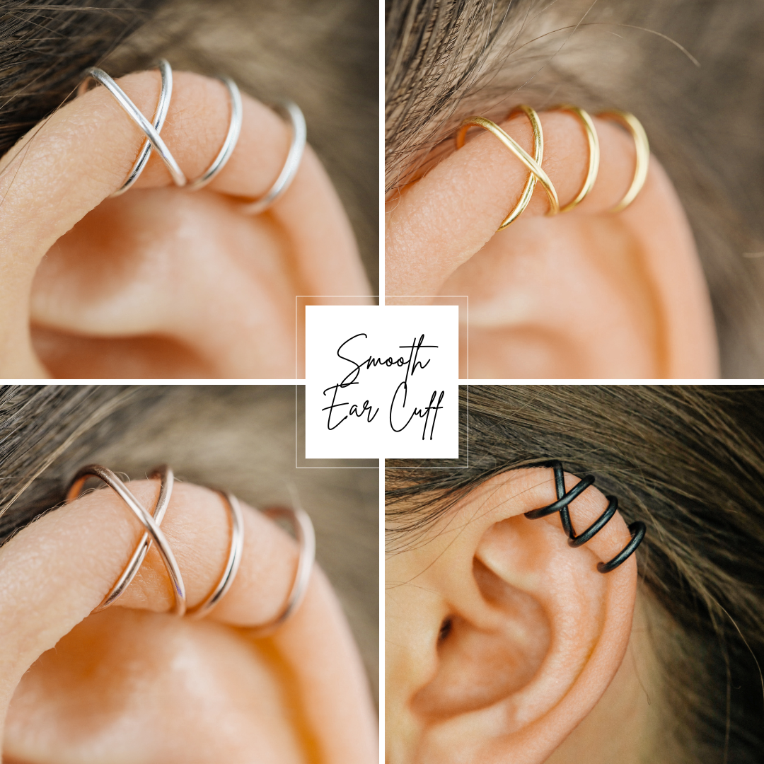 Set of 2 Black Ear Cuff or Single Ear Cuff Black Ear Cuffs Double Line Ear Cuff Earring Ear Cuff Criss Cross Ear Cuff Fake Cartilage Hoop