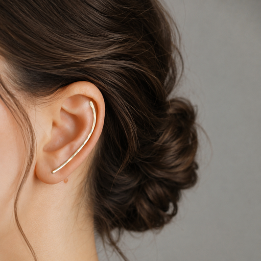Handmade 45 mm minimalist ear climber earrings worn through one standard lobe piercing and rotated upward to follow the natural curve of the ear, featuring a long slim hand hammered wire design with an elegant ear sweep shape, available as a single left ear climber, single right ear climber or pair in solid 925 sterling silver, 14k gold filled and 14k rose gold filled, with length options from 10mm to 50mm.