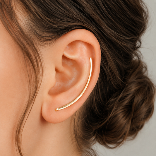 Handmade 40 mm minimalist ear climber earrings worn through one standard lobe piercing and rotated upward along the natural curve of the ear, featuring a slim hand hammered wire design with a clean long ear sweep shape, available as a single left ear climber, single right ear climber or pair in solid 925 sterling silver, 14k gold filled and 14k rose gold filled, with length options from 10mm to 50mm.