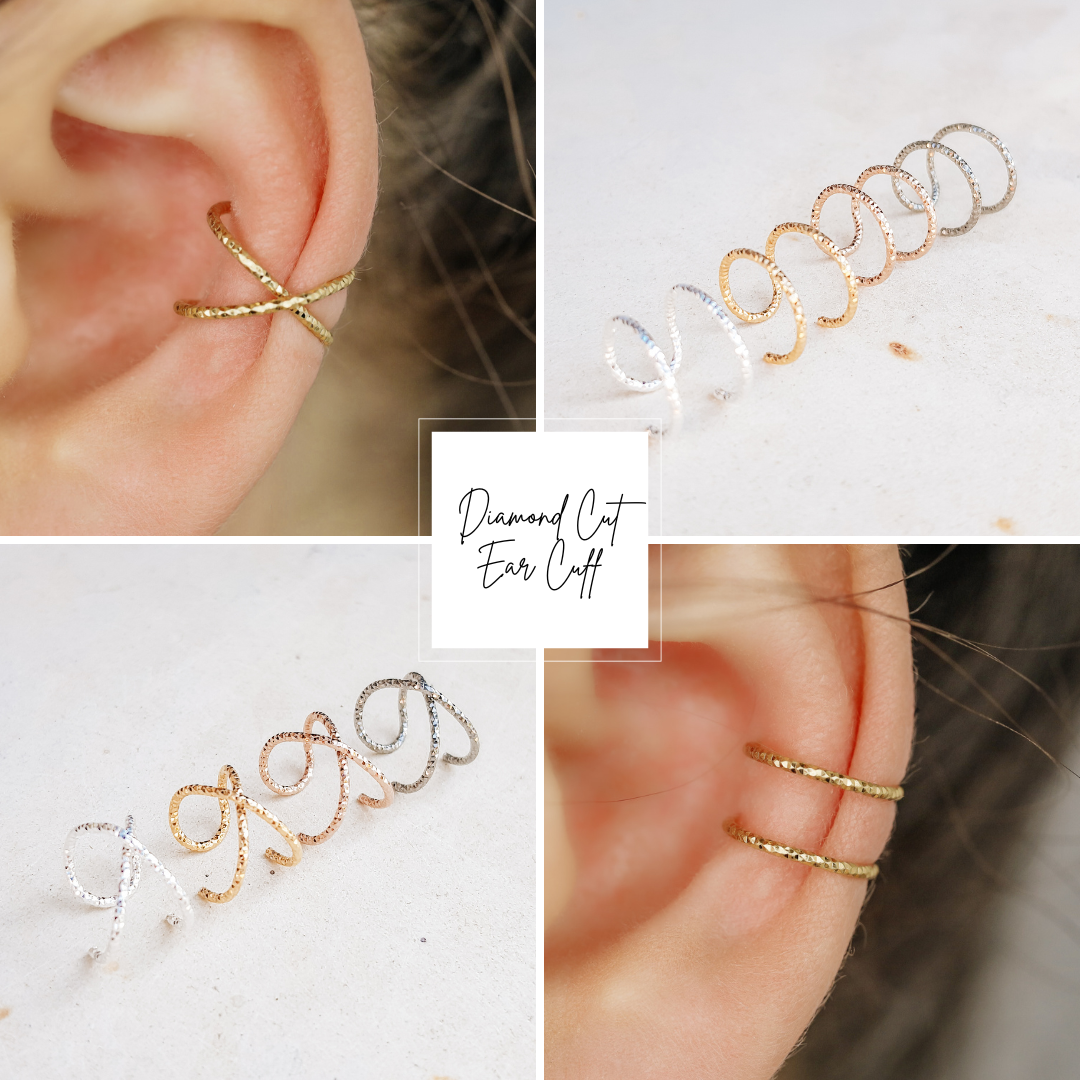 Diamond cut conch ear cuff collage showing sparkling double band and criss cross ear wrap styles in silver, gold and rose gold finishes.
