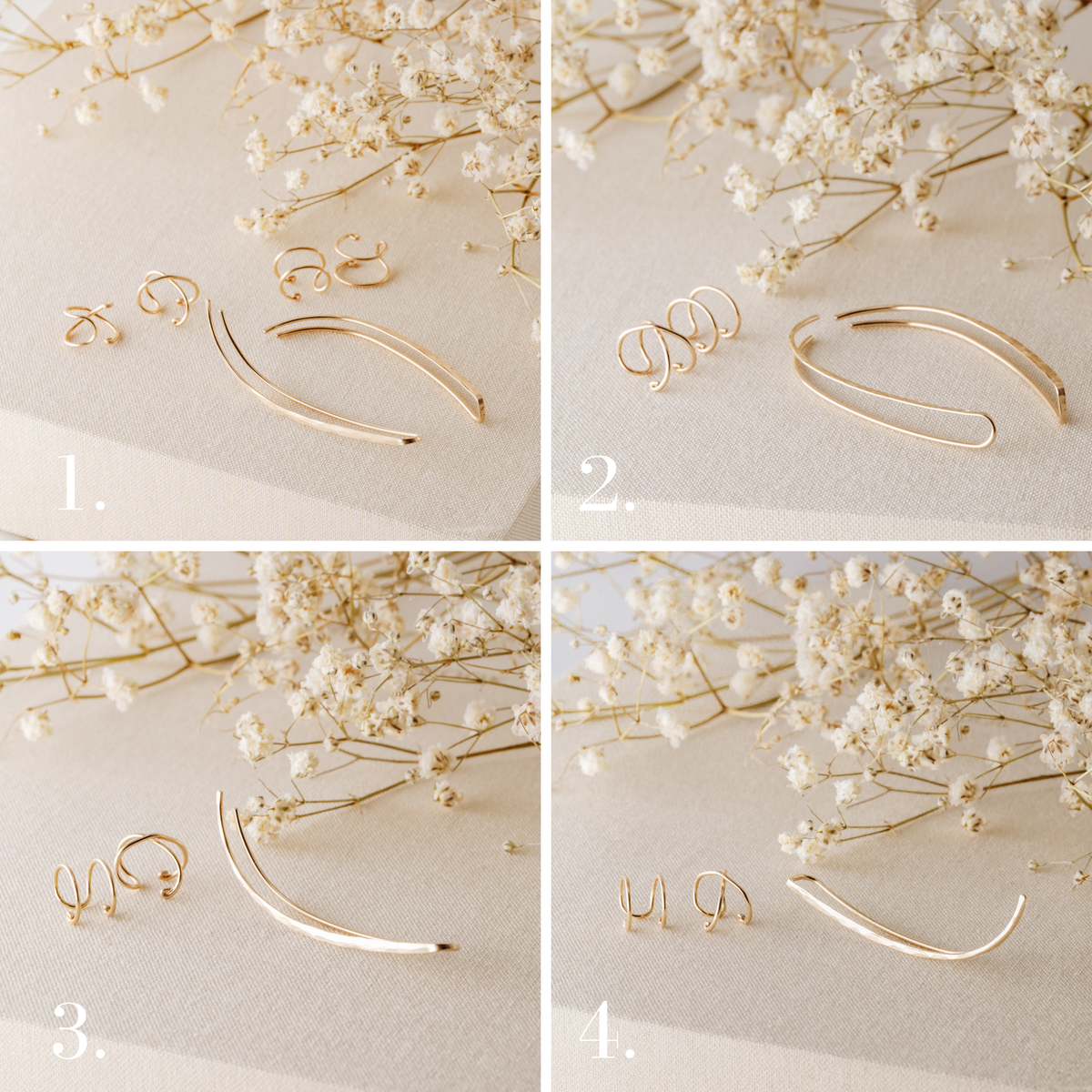 Ear climber and ear cuff set option guide showing four available configurations on a beige fabric background with white dried flowers, including 6 pieces set, 4 pieces set, 3 pieces left ear set and 3 pieces right ear set with hammered ear climbers, Double Line cuffs and Criss-Cross helix cuffs.