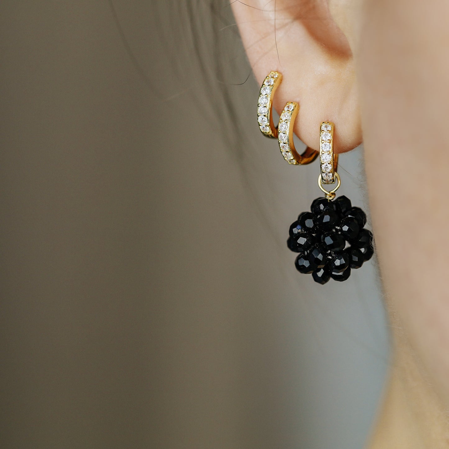 Black Beaded Ball Hoop Earrings Gold Huggie Hoop Earrings With Ball Charm Minimalist Hoops Black Crystal Ball Charm Earrings