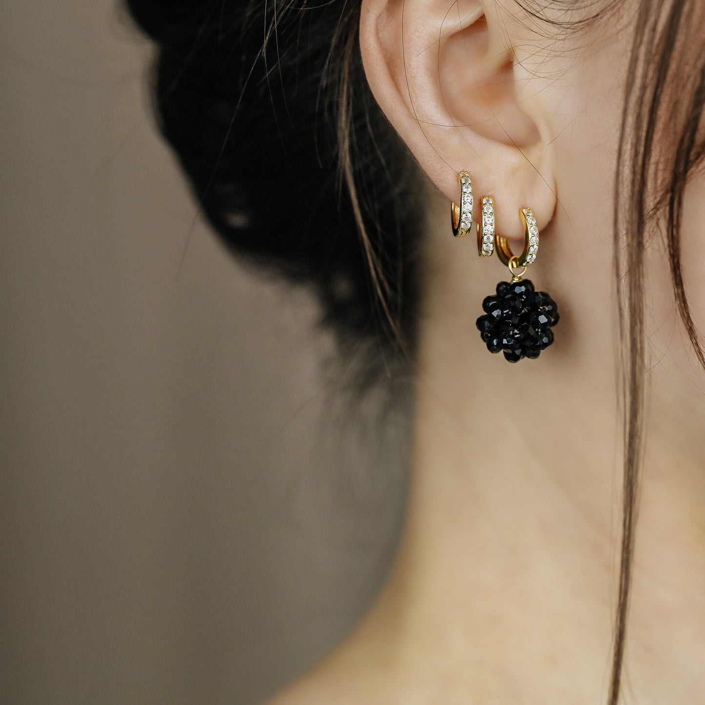Black Beaded Ball Hoop Earrings Gold Huggie Hoop Earrings With Ball Charm Minimalist Hoops Black Crystal Ball Charm Earrings