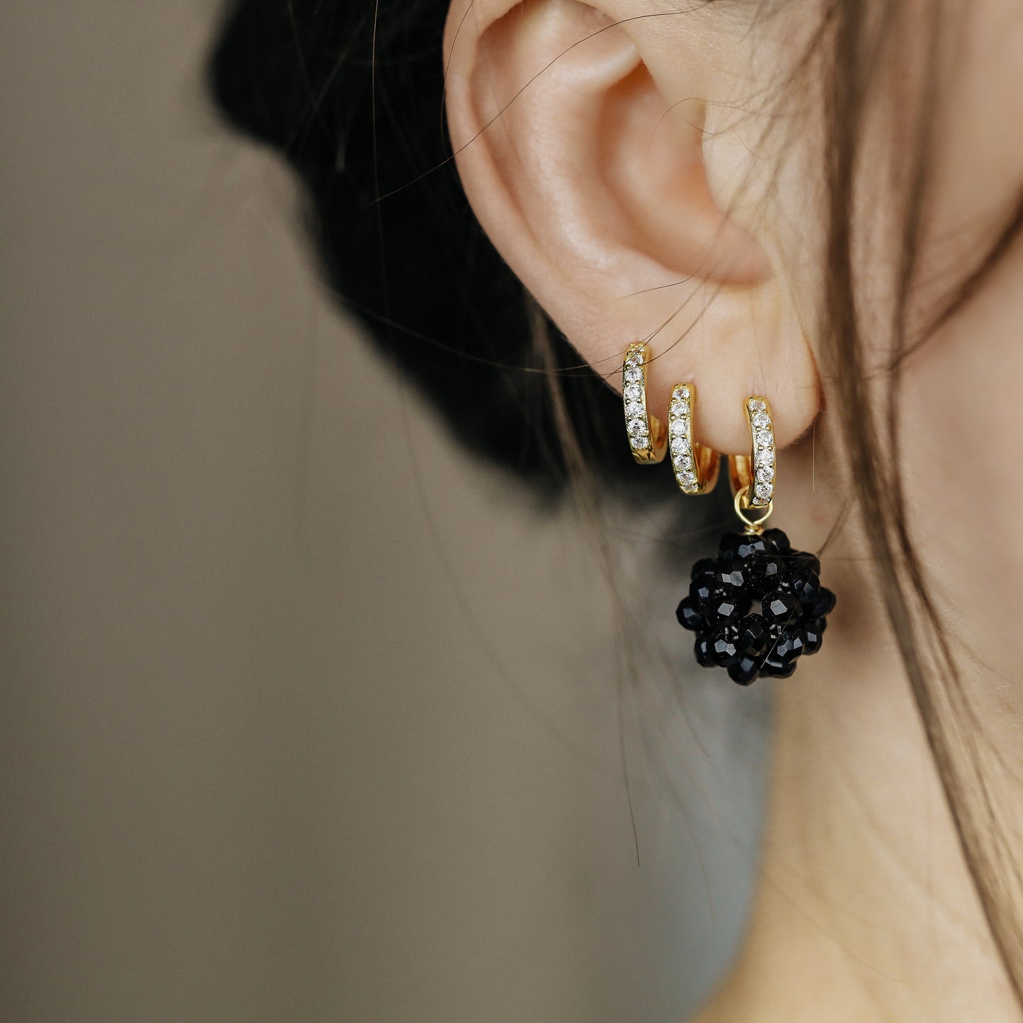 Black Beaded Ball Hoop Earrings Gold Huggie Hoop Earrings With Ball Charm Minimalist Hoops Black Crystal Ball Charm Earrings