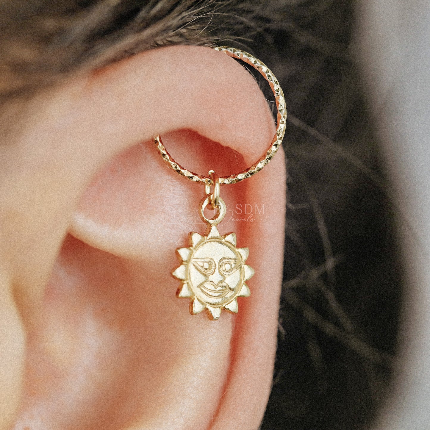 Sun Charm Hoop Earrings Rook Earrings Tragus Earrings Helix Earrings Sun Charm Earrings Celestial Huggie Hoops Tiny Sun Cartilage Earrings