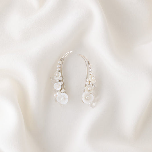 Mother of pearl flower ear climbers with freshwater pearls and clear crystal drops