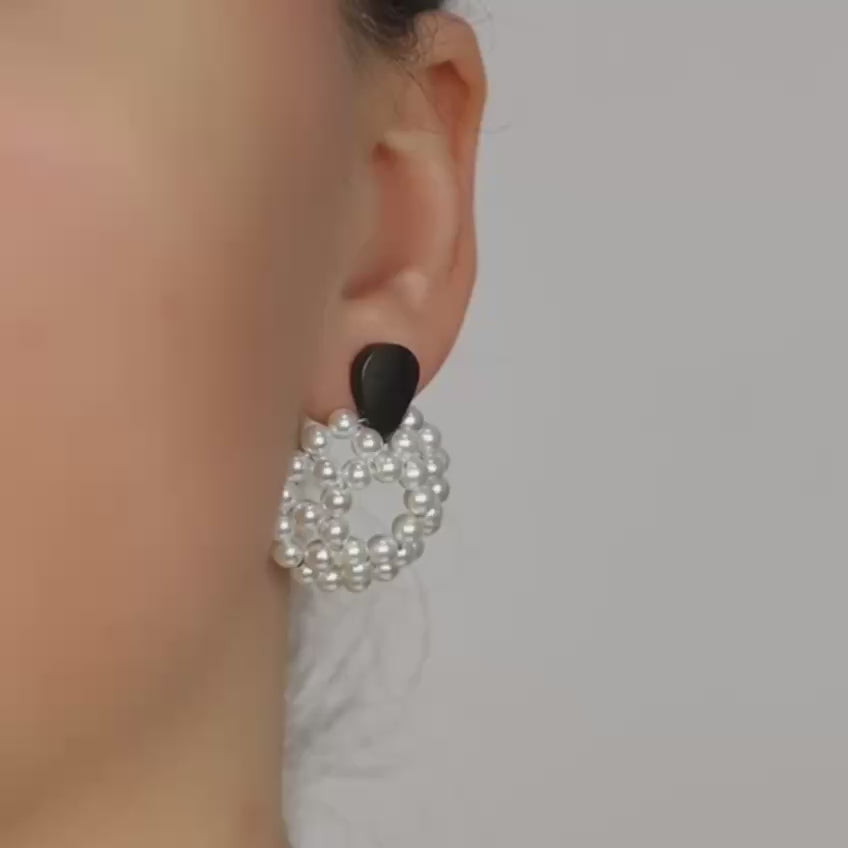 Mother of Pearl Beaded Pearl Hoop Earrings, White Pearl Earrings, Pearl Circle Hoop Earrings, Delicate Hoops, Stainless Steel Earrings