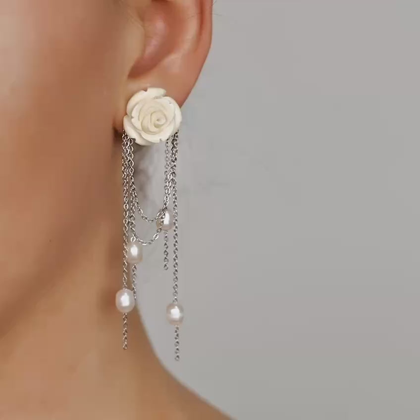 Dainty Pearl Tassel Drop Earrings, Natural Freshwater Pearl Earrings, Flower Dangling Pearl Earrings, Bridesmaid Gift, Mother's day