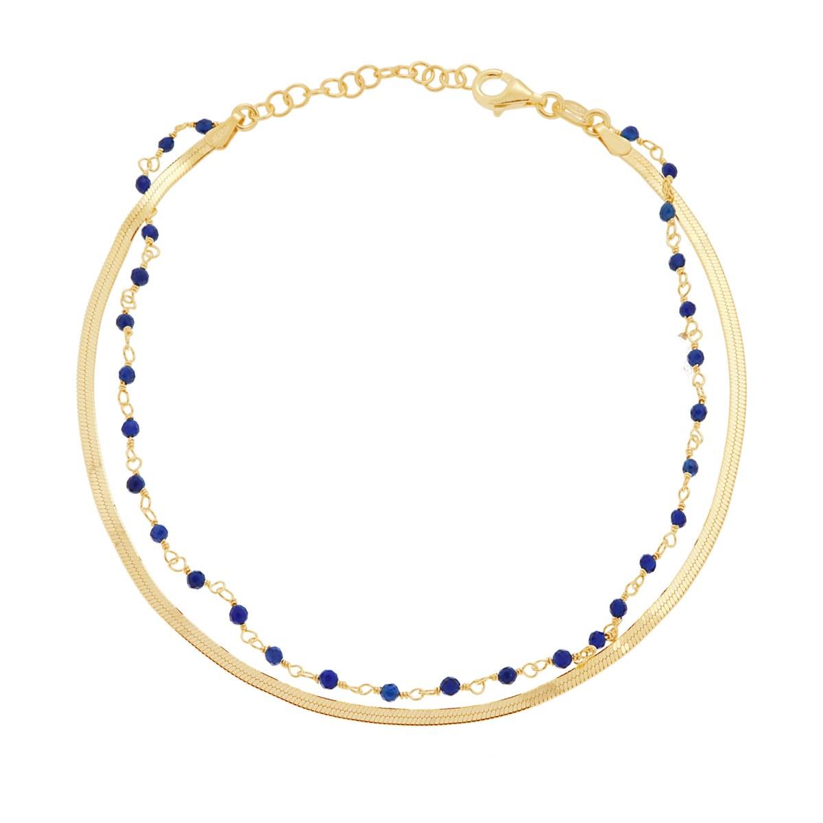 Anklet with two threads, snake chain and with Crystal Blue, with a shiny finish