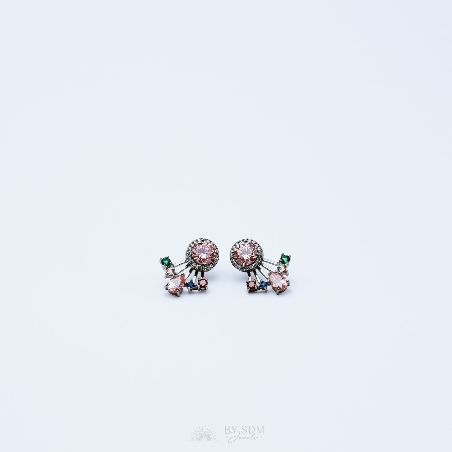 Rainbow Crystals Ear Jacket • Front & Back Earrings • Black Sterling Silver