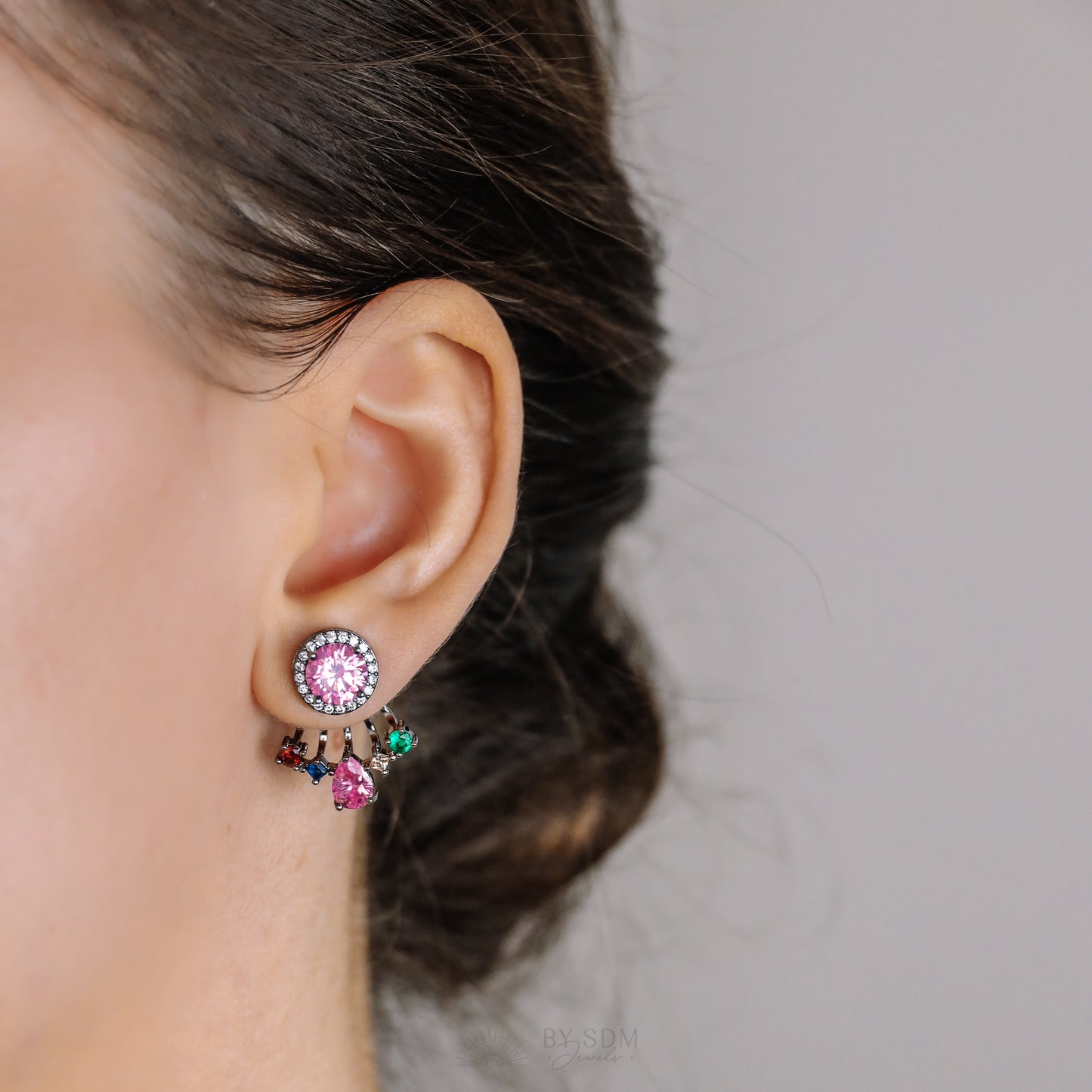 Rainbow Crystals Ear Jacket • Front & Back Earrings • Black Sterling Silver