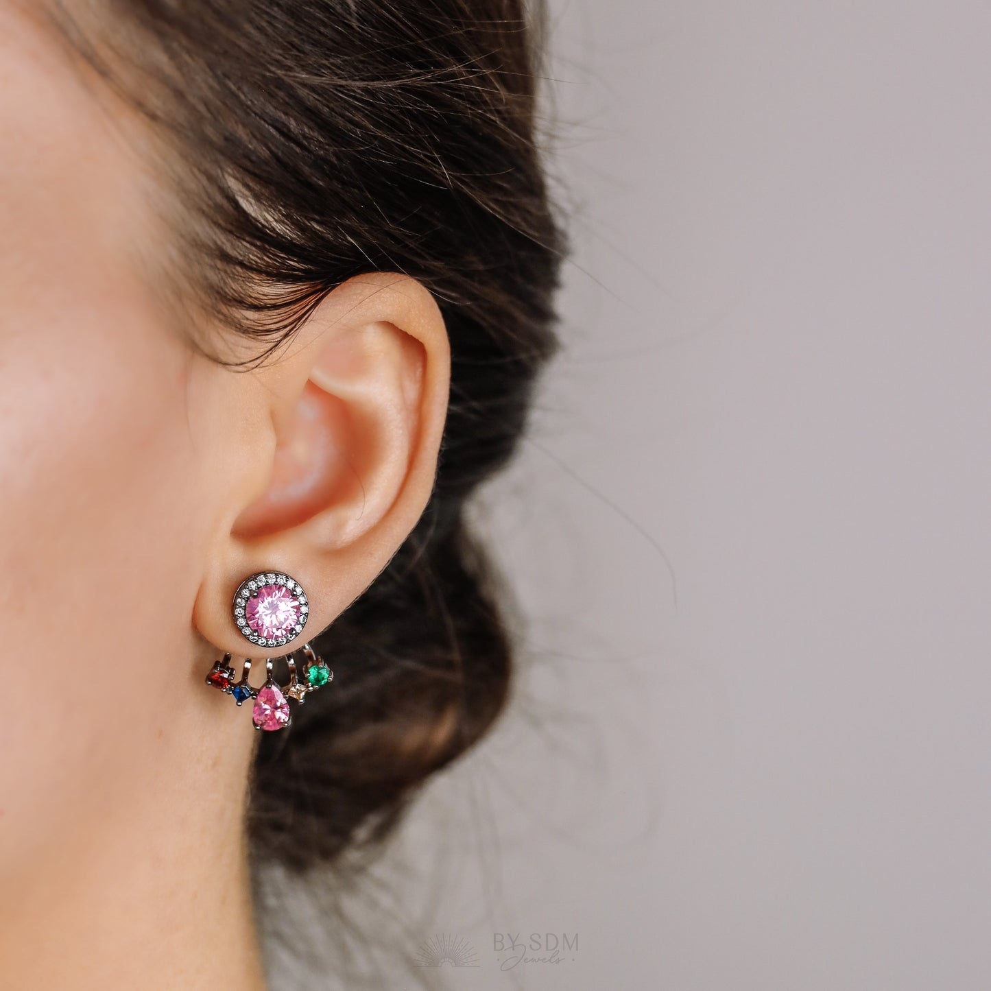 Rainbow Crystals Ear Jacket • Front & Back Earrings • Black Sterling Silver