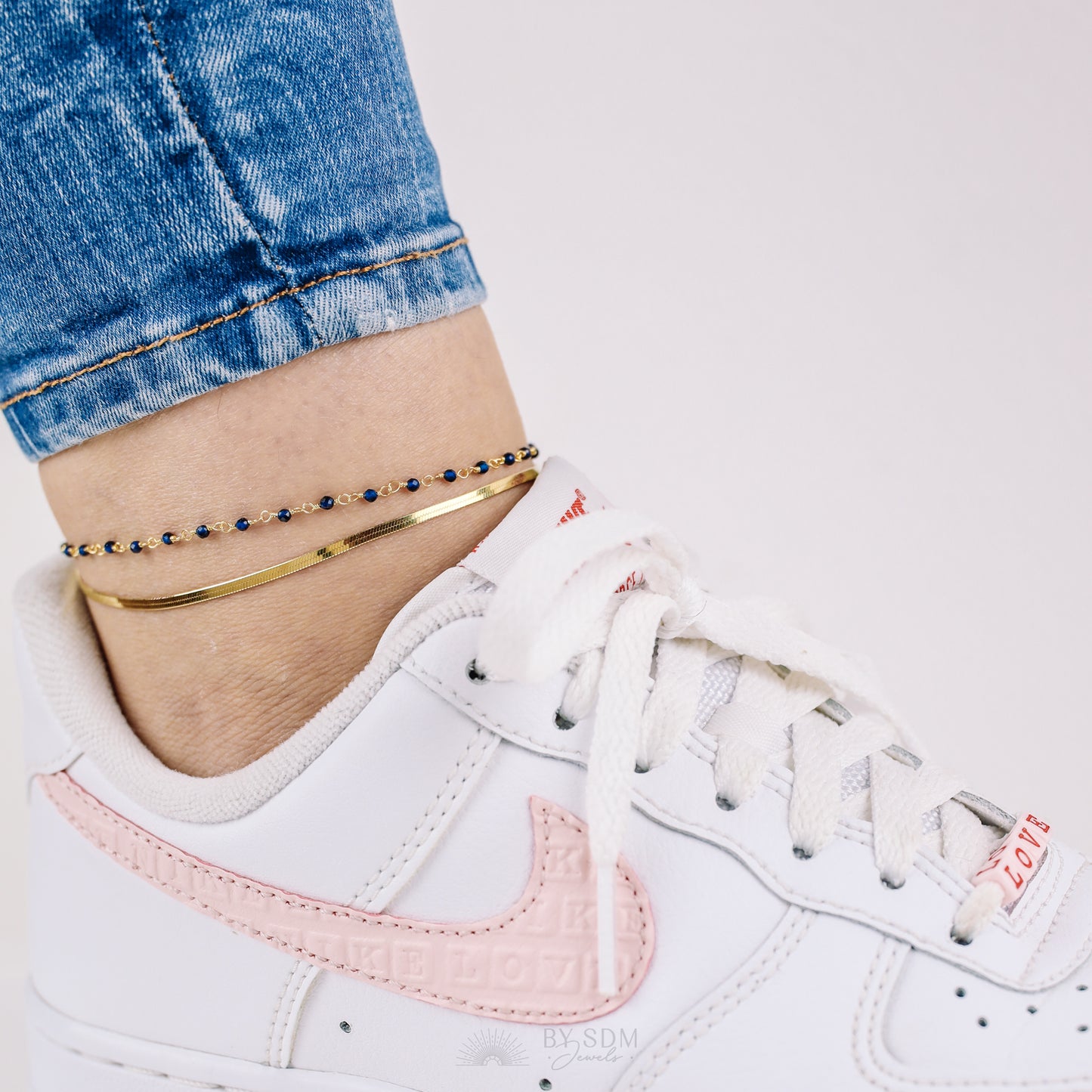 Anklet with two threads, snake chain and with Crystal Blue, with a shiny finish