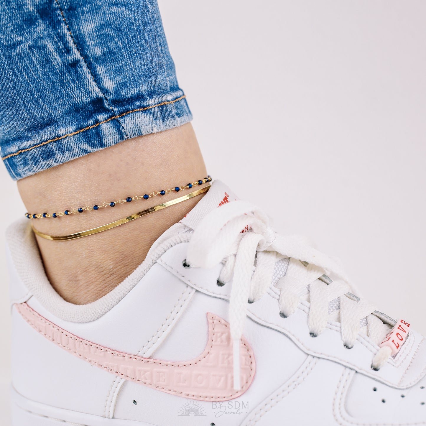 Anklet with two threads, snake chain and with Crystal Blue, with a shiny finish